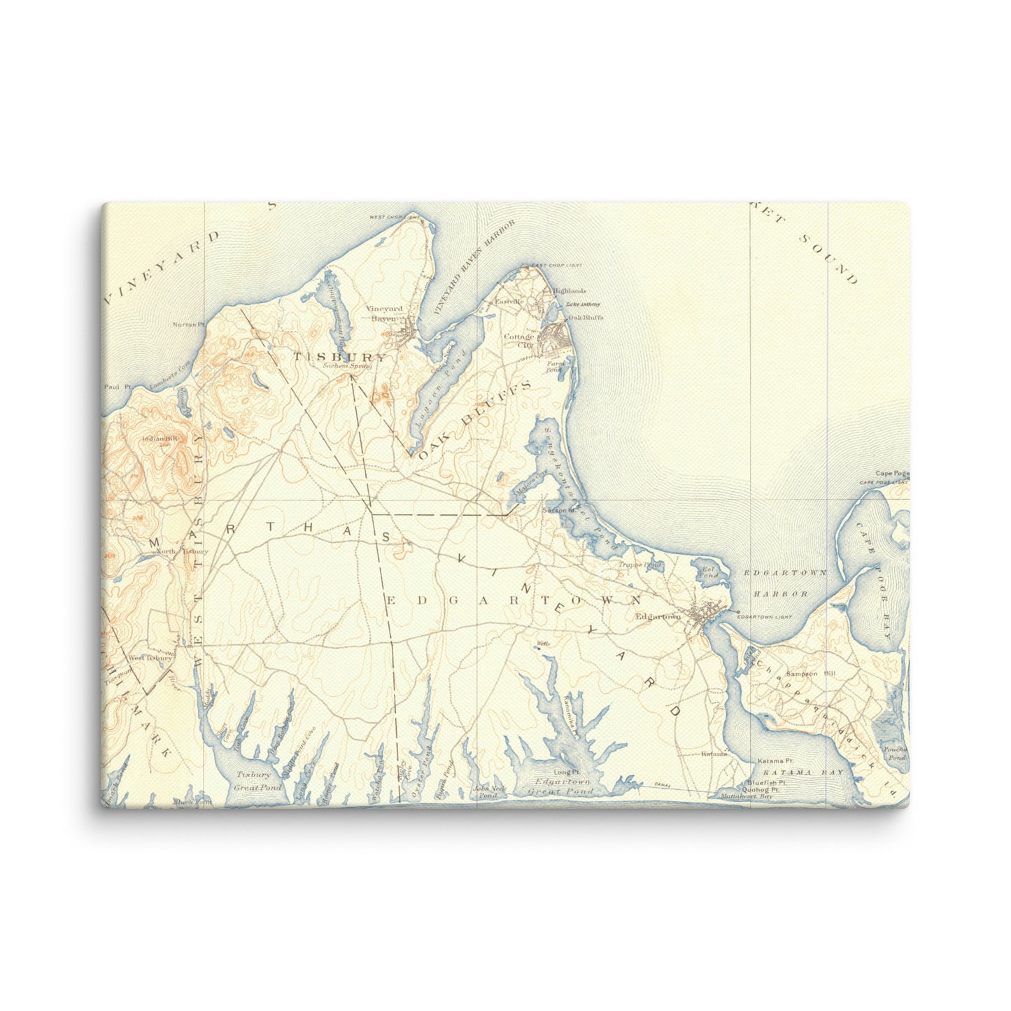 Canvas Print 9" x 12" Marthas Vineyard MA 1887 Historical Map Horizontal