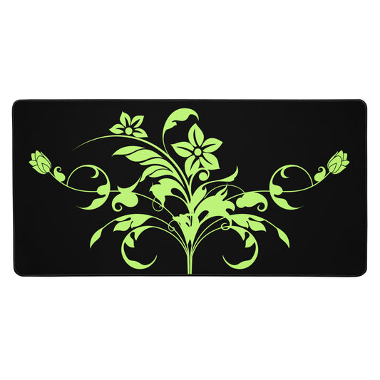 Floral Filigree Bouquet Green Design Black Desk Mat 16″×32″