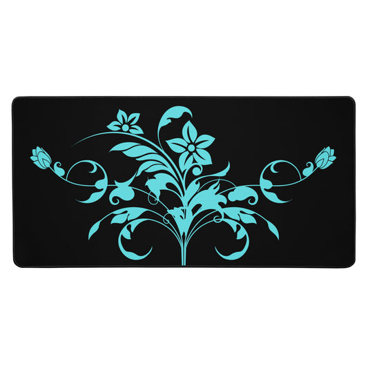 Floral Filigree Bouquet Blue Design Black Desk Mat 16″×32″