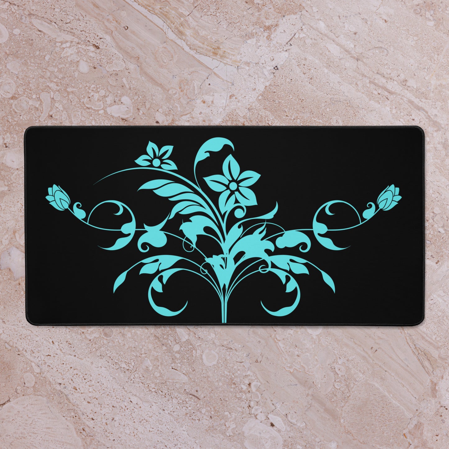 Floral Filigree Bouquet Blue Design Black Desk Mat 16″×32″