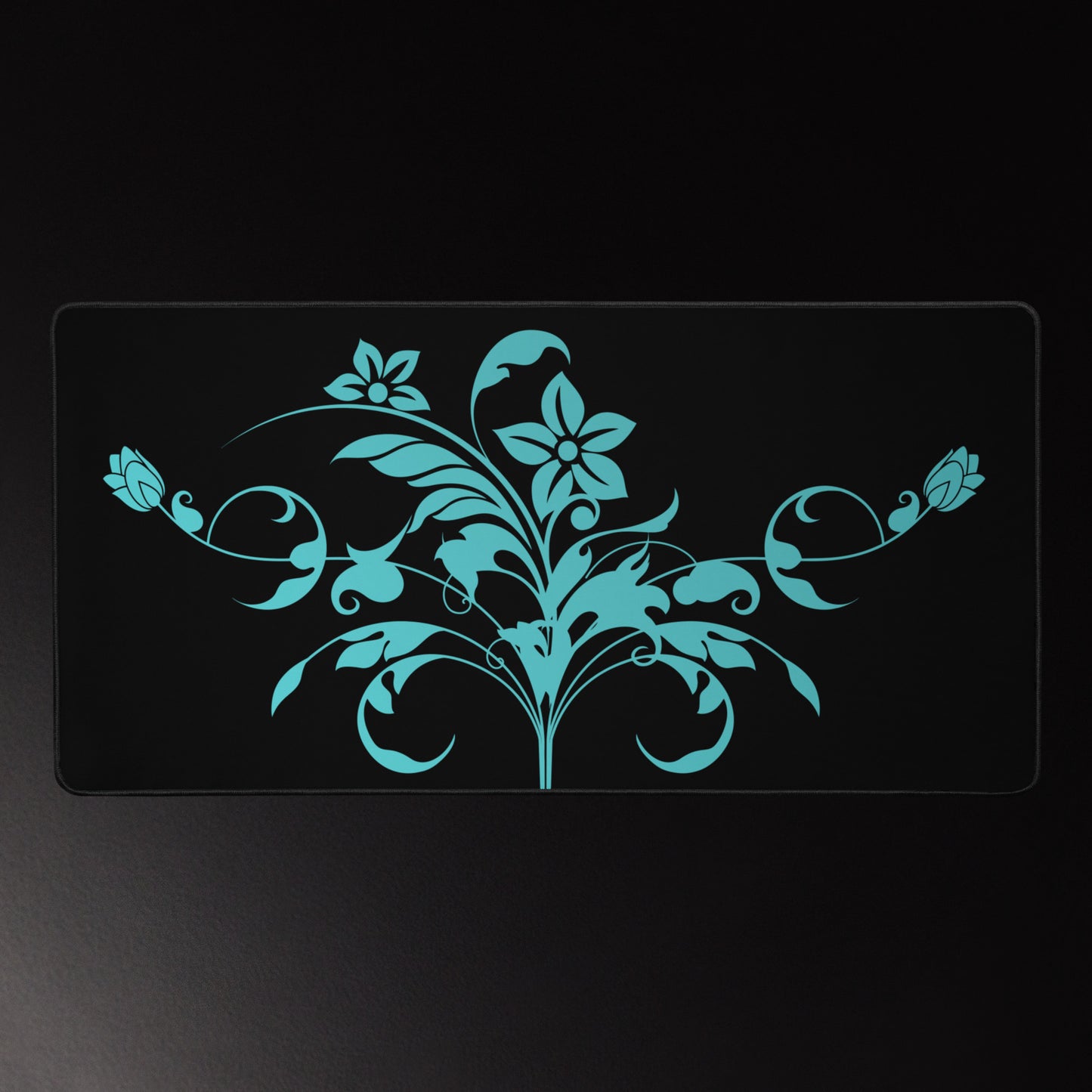 Floral Filigree Bouquet Blue Design Black Desk Mat 16″×32″