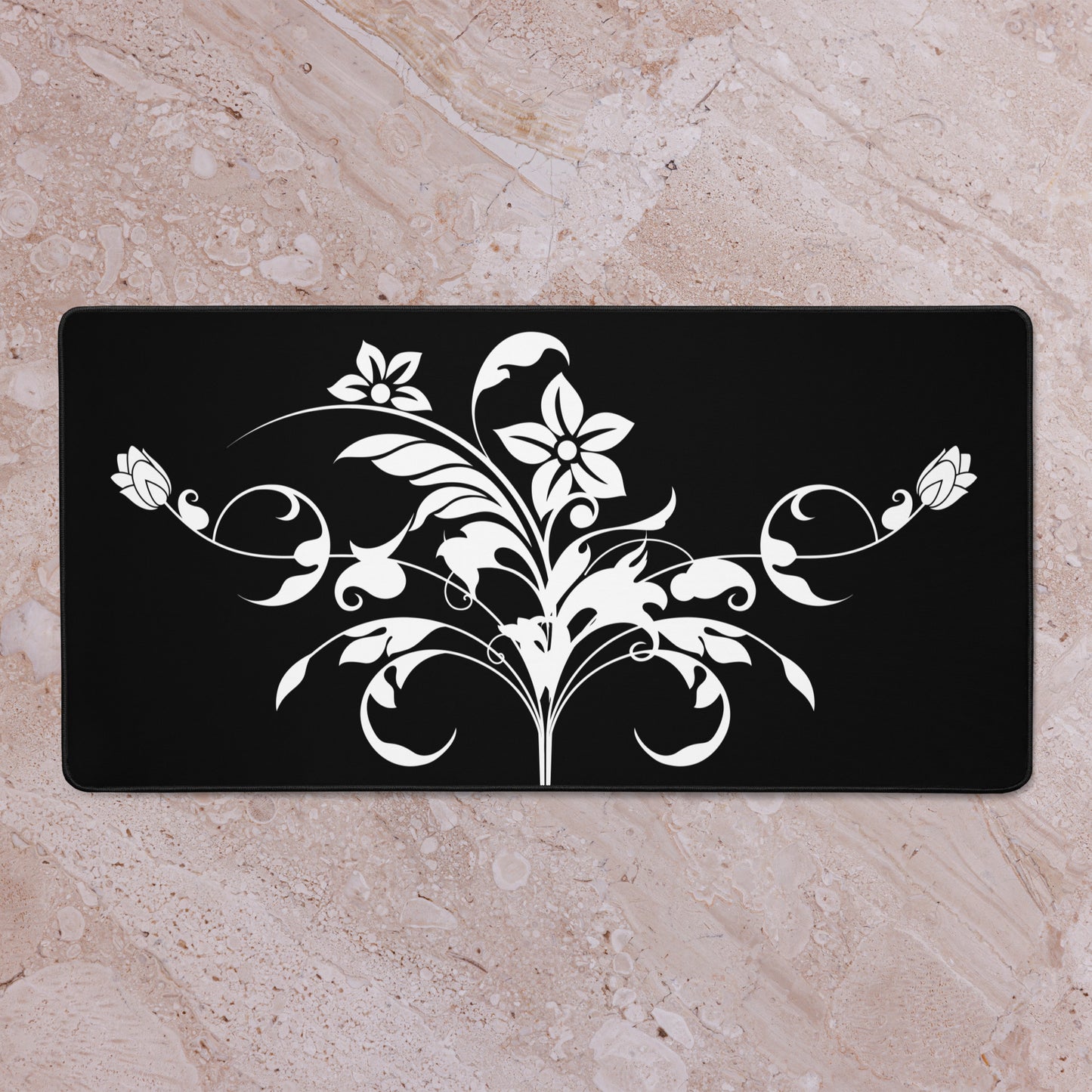 Floral Filigree Bouquet Design Black Desk Mat 16″×32″