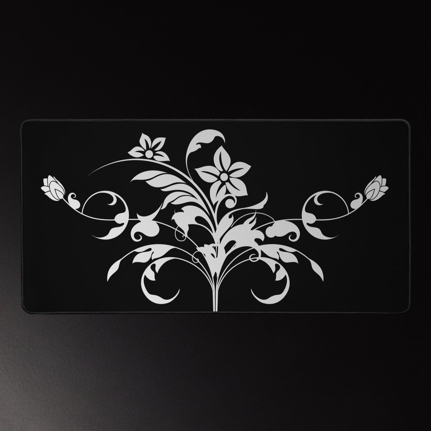 Floral Filigree Bouquet Design Black Desk Mat 16″×32″