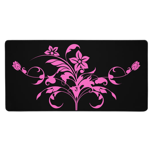 Floral Filigree Bouquet Pink Design Black Desk Mat 16″×32″