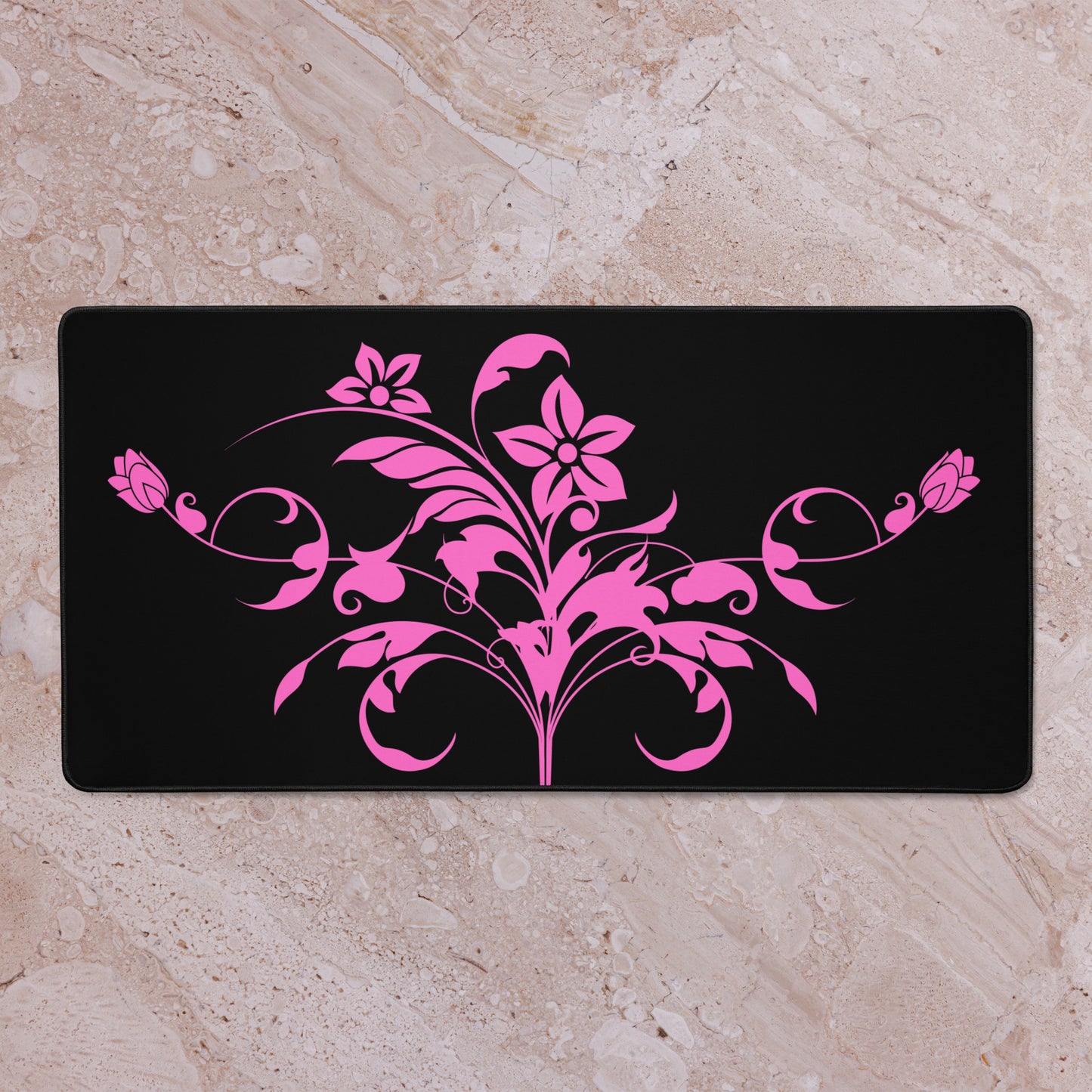 Floral Filigree Bouquet Pink Design Black Desk Mat 16″×32″