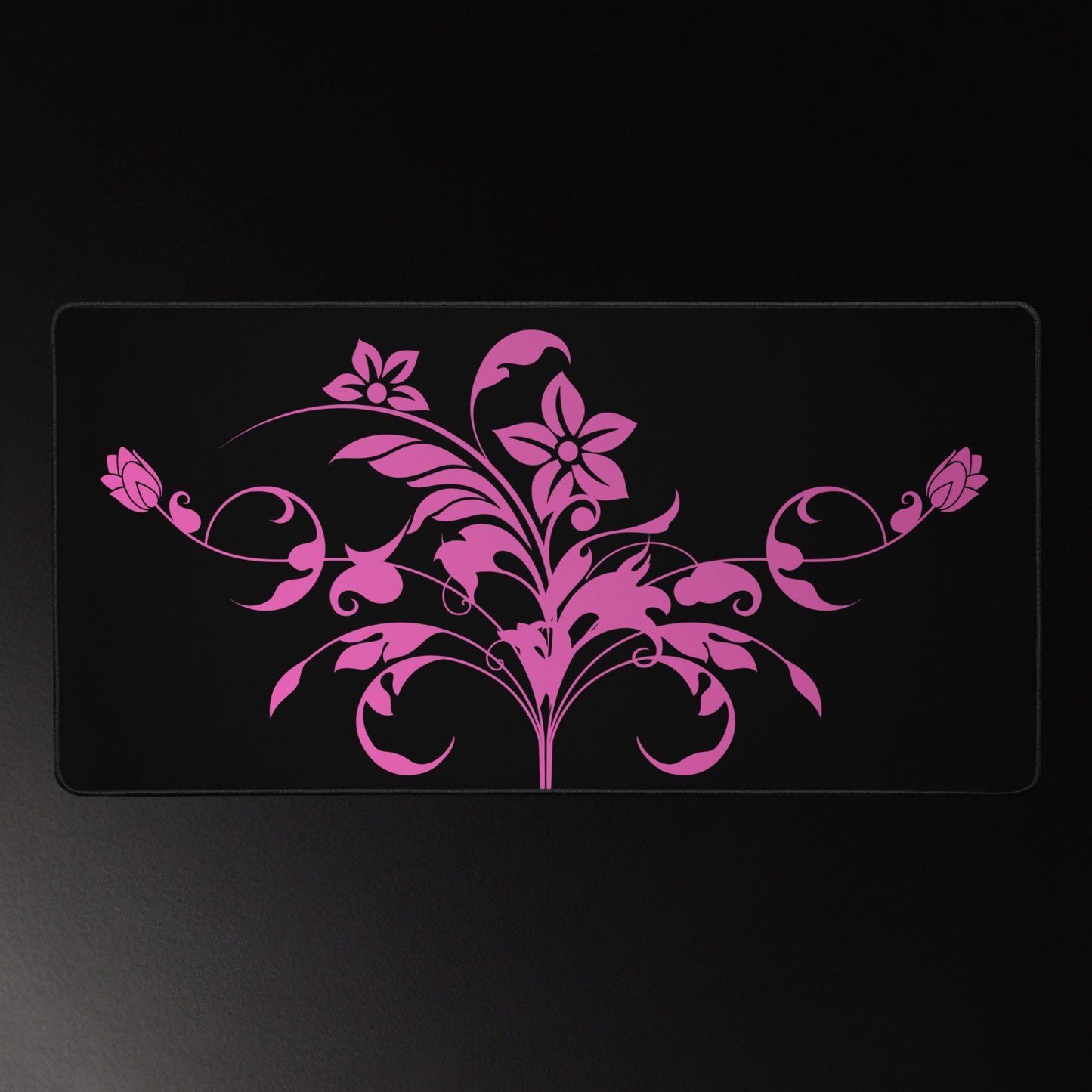 Floral Filigree Bouquet Pink Design Black Desk Mat 16″×32″