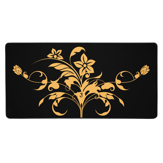Floral Filigree Bouquet Orange Design Black Desk Mat 16″×32″