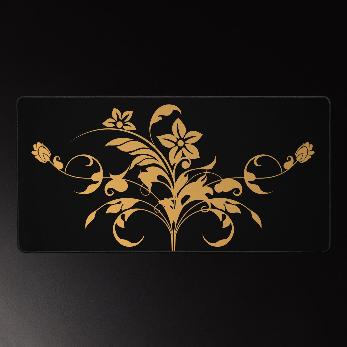 Floral Filigree Bouquet Orange Design Black Desk Mat 16″×32″