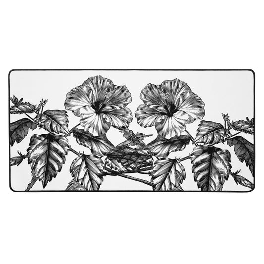 White Flowers White Desk Mat 16″×32″