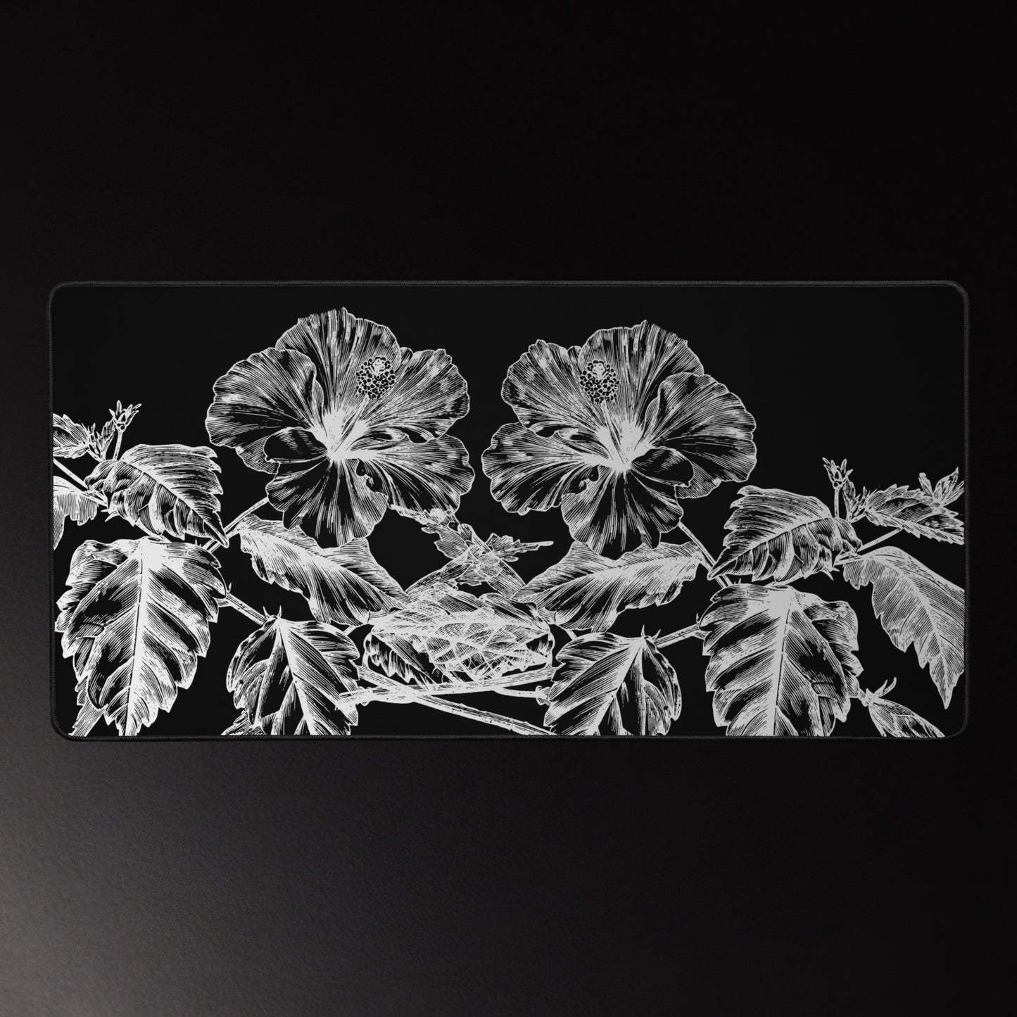 White Flowers Black Desk Mat 16″×32″