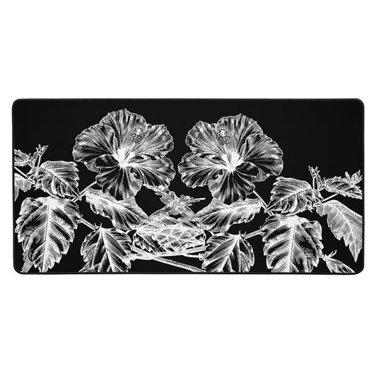 White Flowers Black Desk Mat 16″×32″