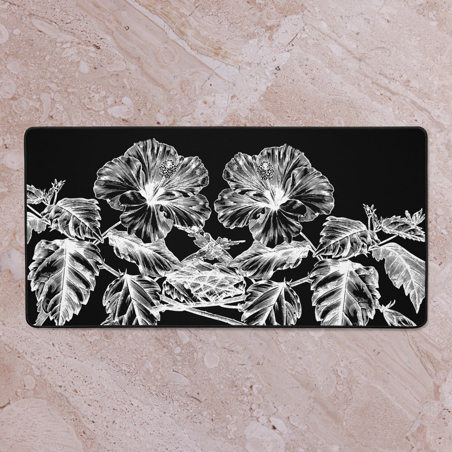 White Flowers Black Desk Mat 16″×32″