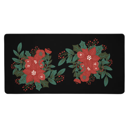 Poinsettia Holly Berry Black Desk Mat 16″×32″