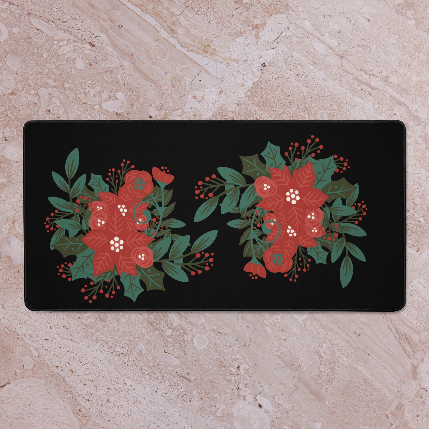 Poinsettia Holly Berry Black Desk Mat 16″×32″