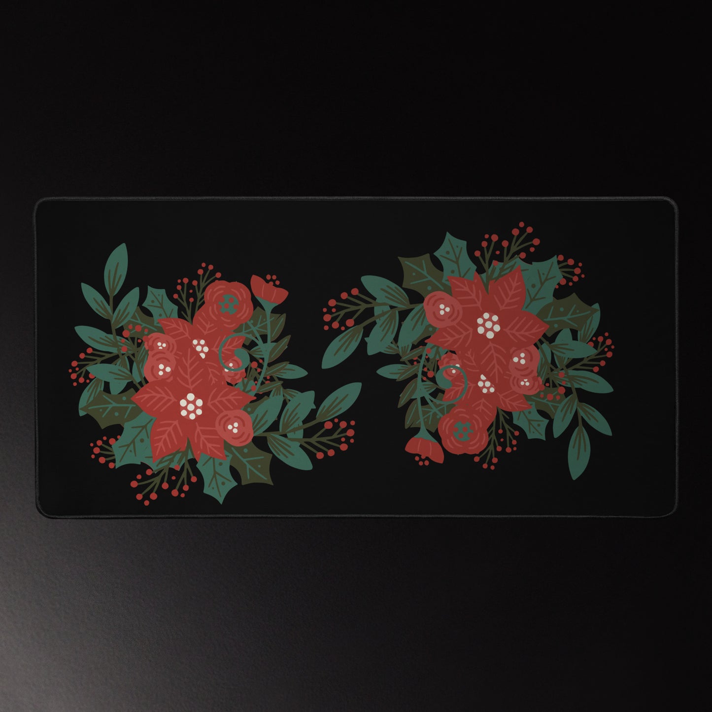 Poinsettia Holly Berry Black Desk Mat 16″×32″
