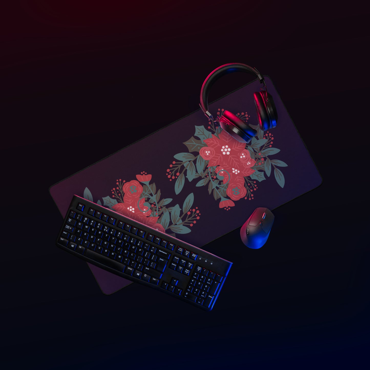Poinsettia Holly Berry Black Desk Mat 16″×32″