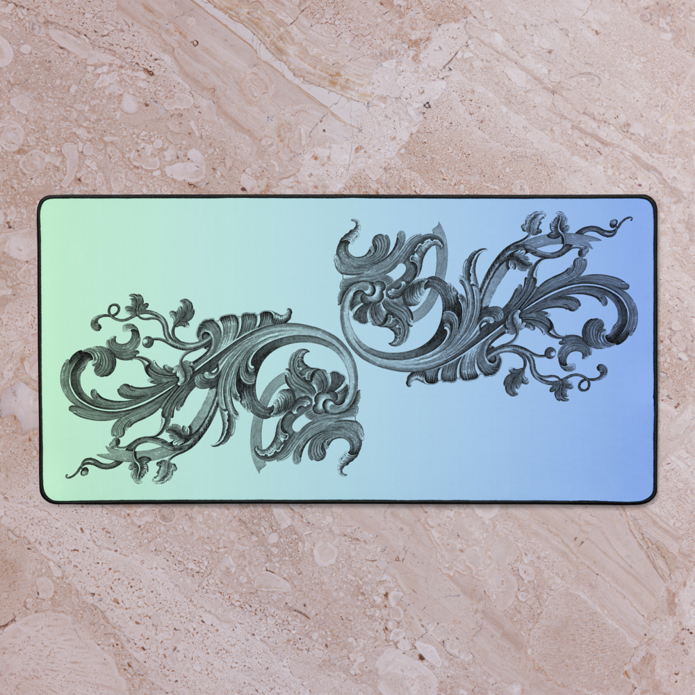 Art Nouveau Filigree Green Blue Gradient Desk Mat 16″×32″