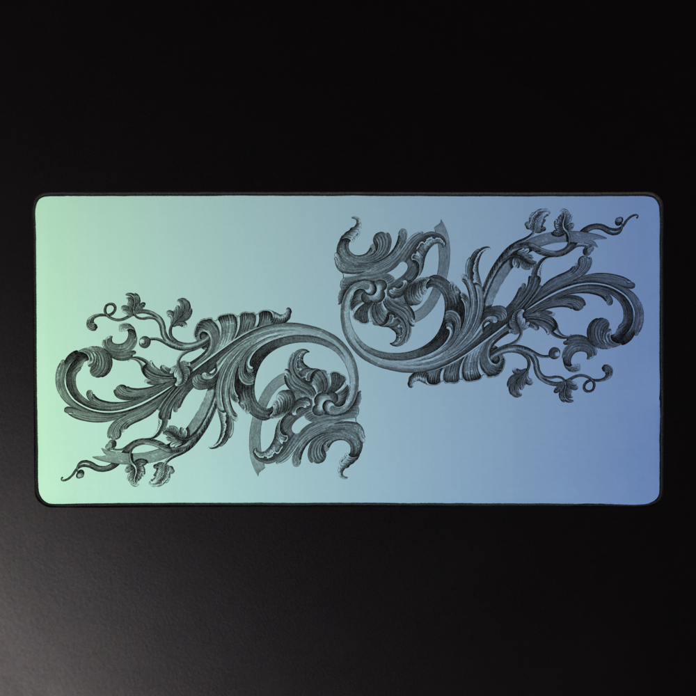 Art Nouveau Filigree Green Blue Gradient Desk Mat 16″×32″
