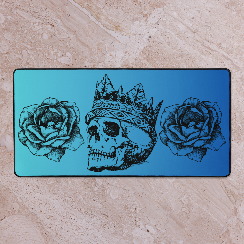 Crowned Skull & Flowers Blue Gradient Desk Mat 16″×32"