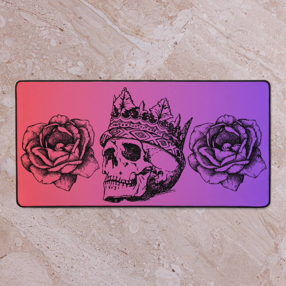Crowned Skull & Flowers Pink Purple Gradient Desk Mat 16″×32"