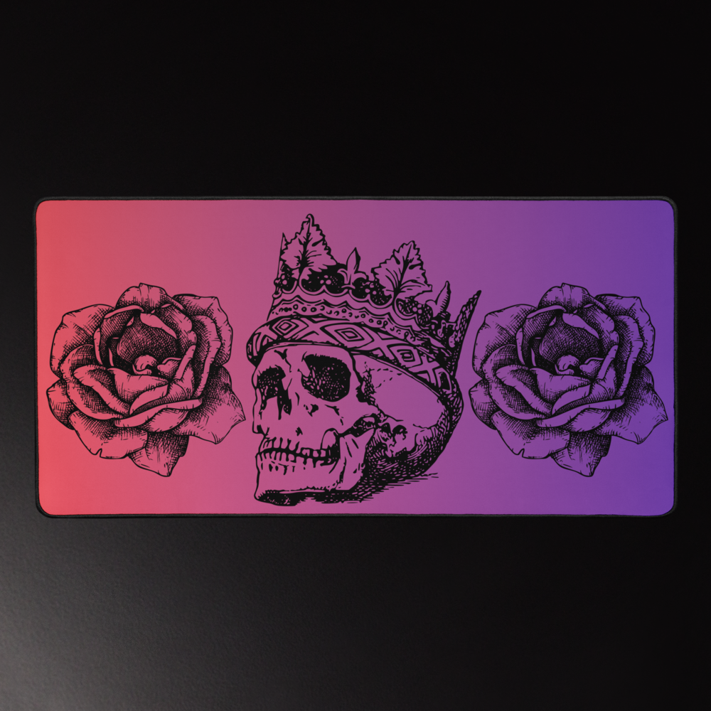 Crowned Skull & Flowers Pink Purple Gradient Desk Mat 16″×32"