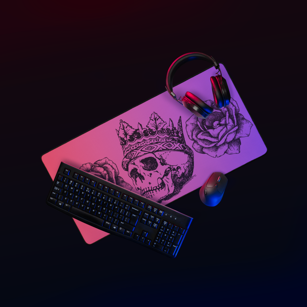 Crowned Skull & Flowers Pink Purple Gradient Desk Mat 16″×32"
