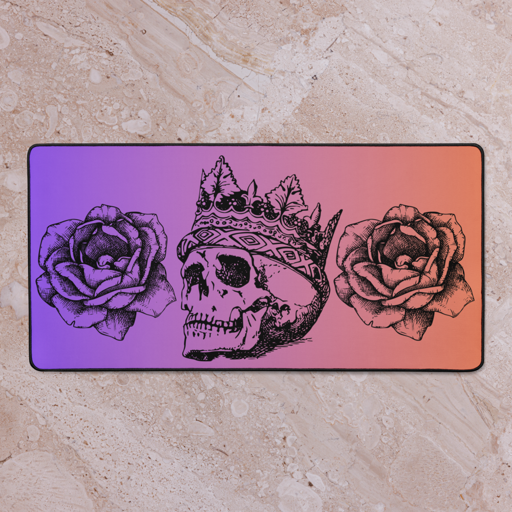Crowned Skull & Flowers Purple Orange Gradient Desk Mat 16″×32"