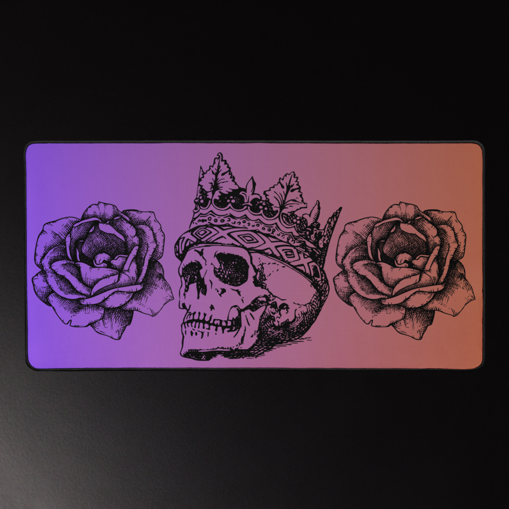 Crowned Skull & Flowers Purple Orange Gradient Desk Mat 16″×32"