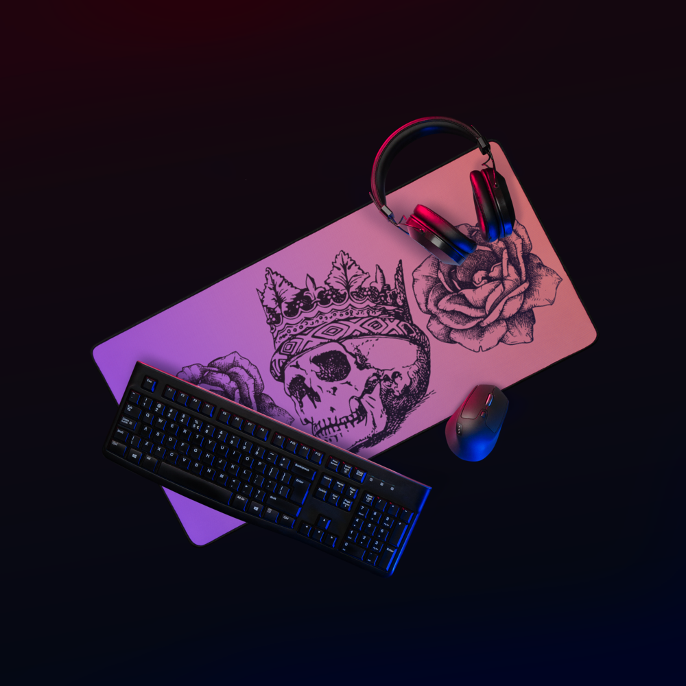 Crowned Skull & Flowers Purple Orange Gradient Desk Mat 16″×32"