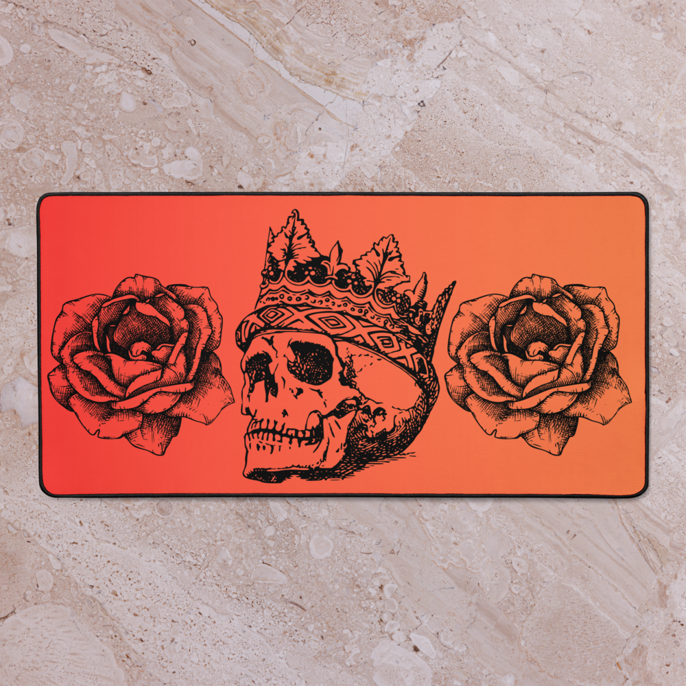 Crowned Skull & Flowers Orange Gradient Desk Mat 16″×32"