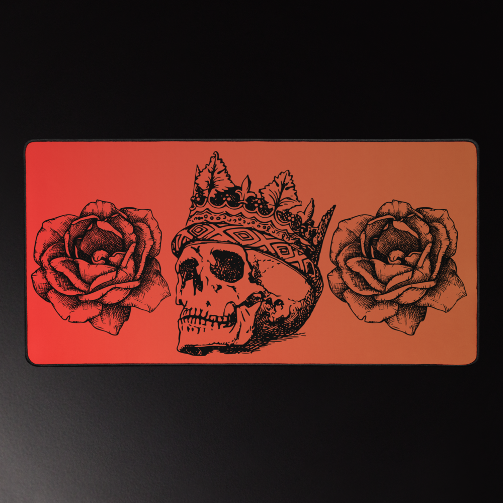 Crowned Skull & Flowers Orange Gradient Desk Mat 16″×32"