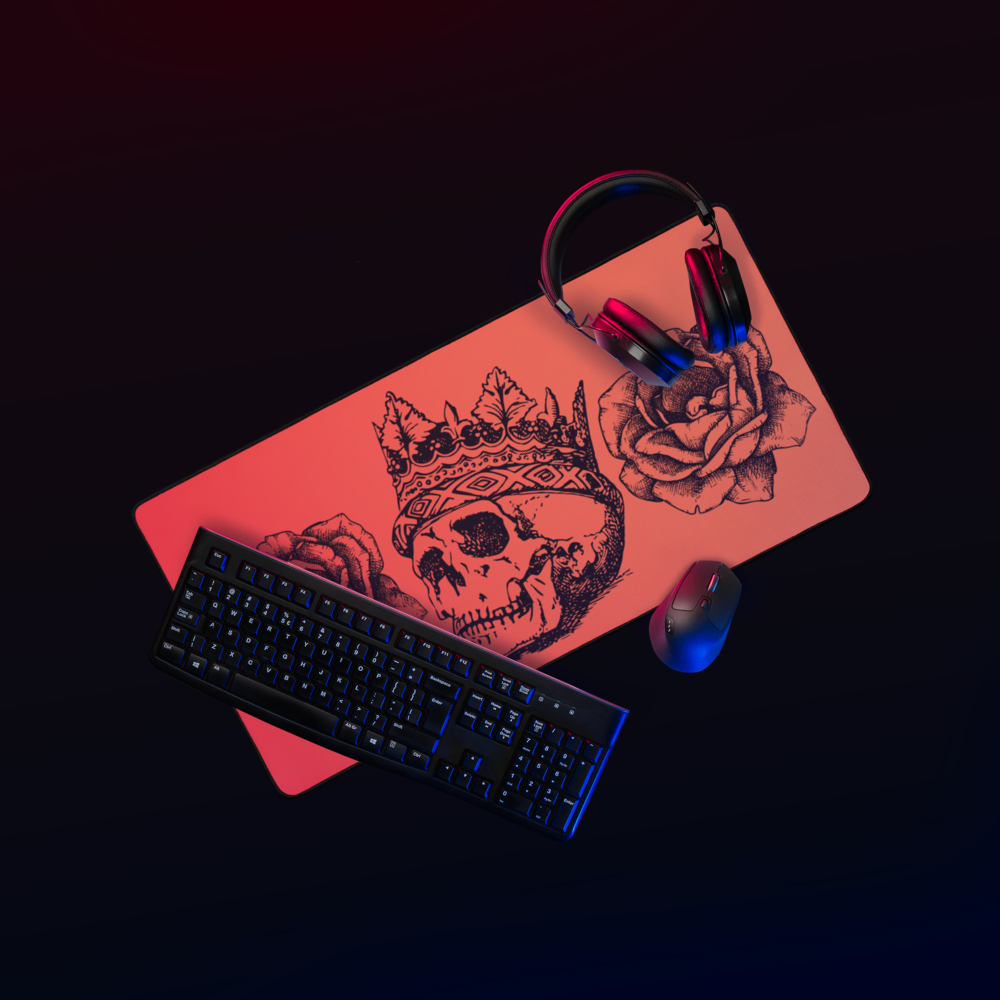 Crowned Skull & Flowers Orange Gradient Desk Mat 16″×32"