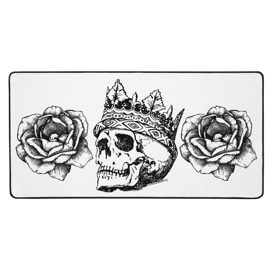 Crowned Skull & Flowers White Desk Mat 16″×32"