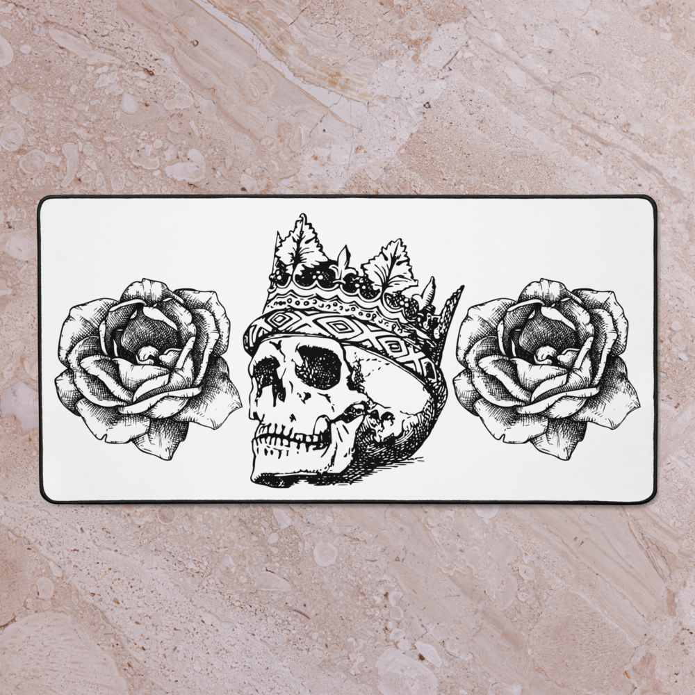 Crowned Skull & Flowers White Desk Mat 16″×32"