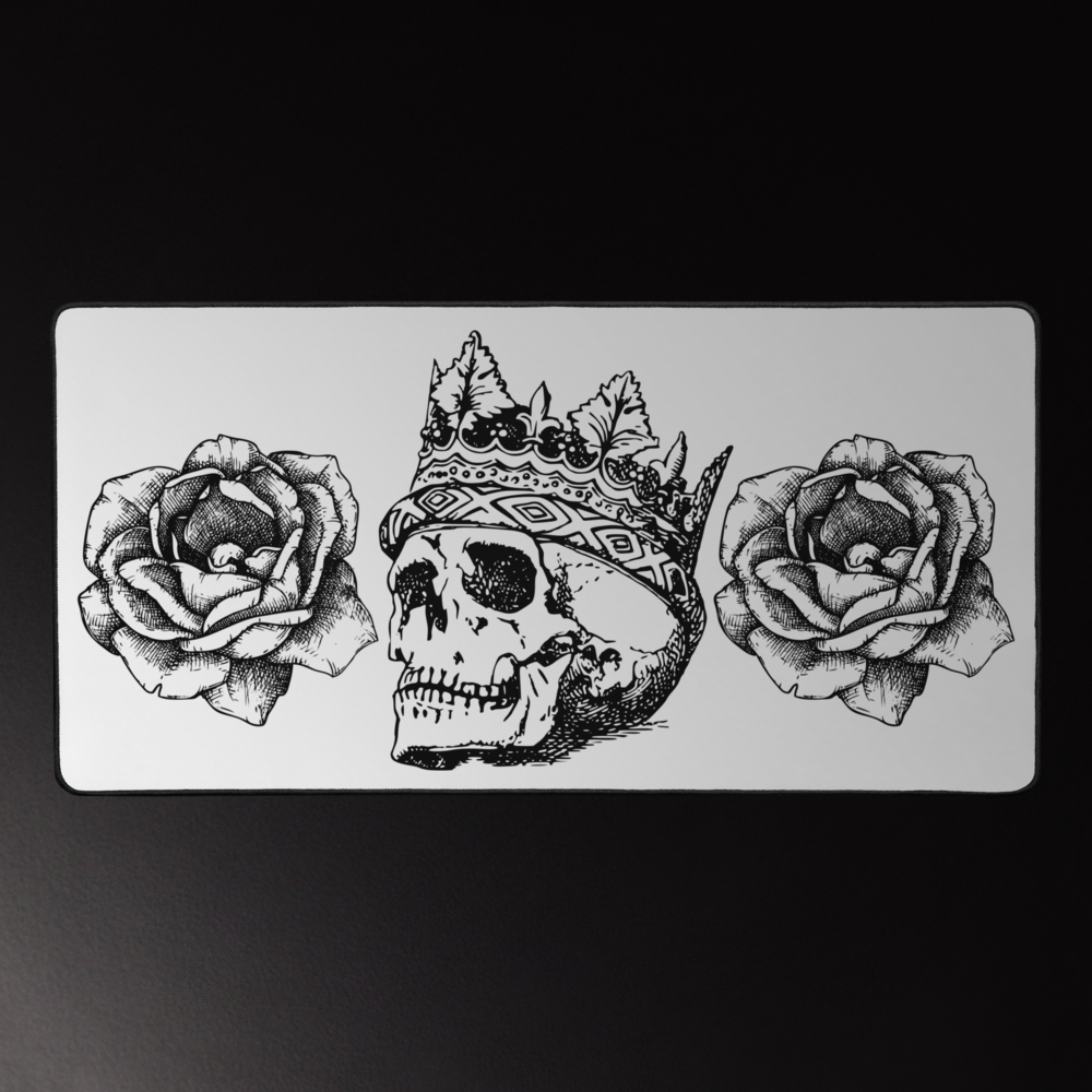 Crowned Skull & Flowers White Desk Mat 16″×32"