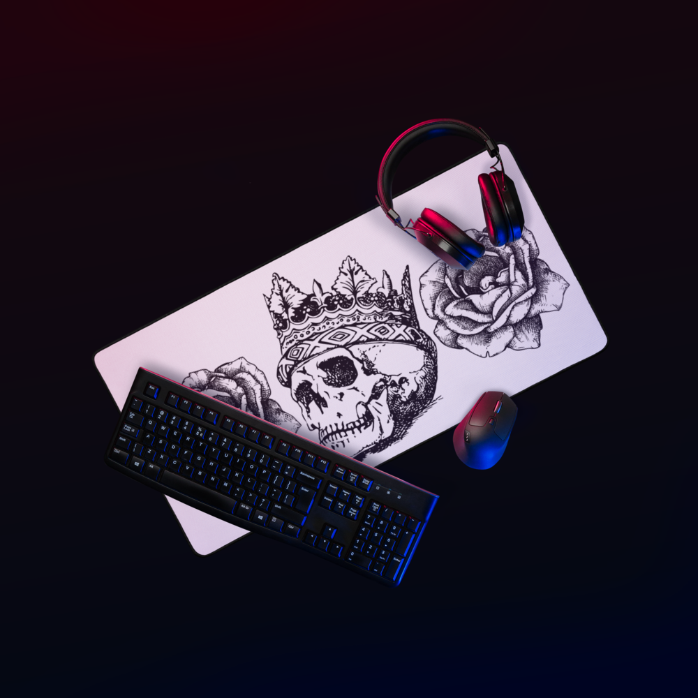 Crowned Skull & Flowers White Desk Mat 16″×32"