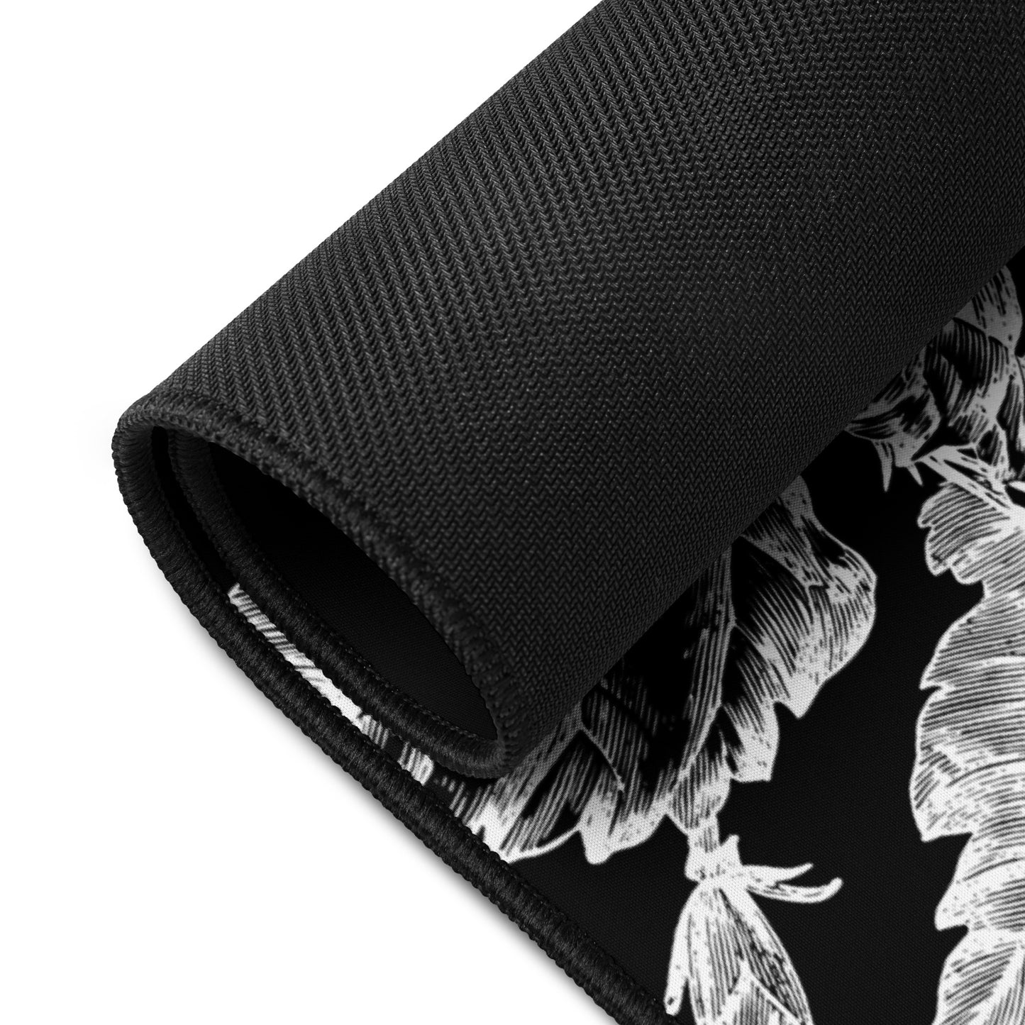 White Flowers Black Desk Mat 16″×32″