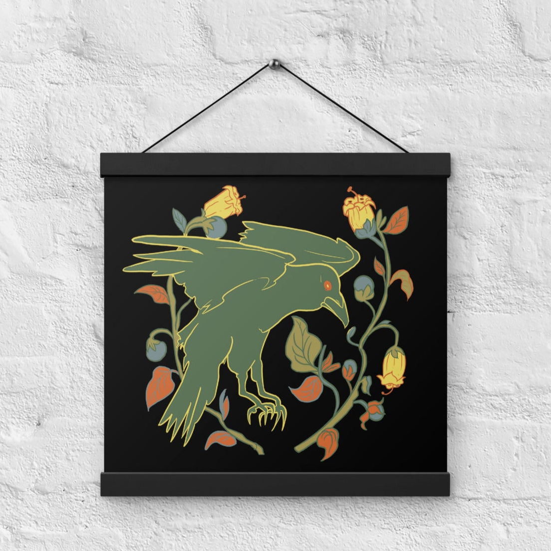 Retro Style Green Bird Raven Black Poster with Black Wood Hanger 12" x 12"