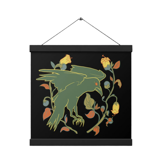 Retro Style Raven Green Bird Black Poster with Black Wood Hanger 12" x 12"