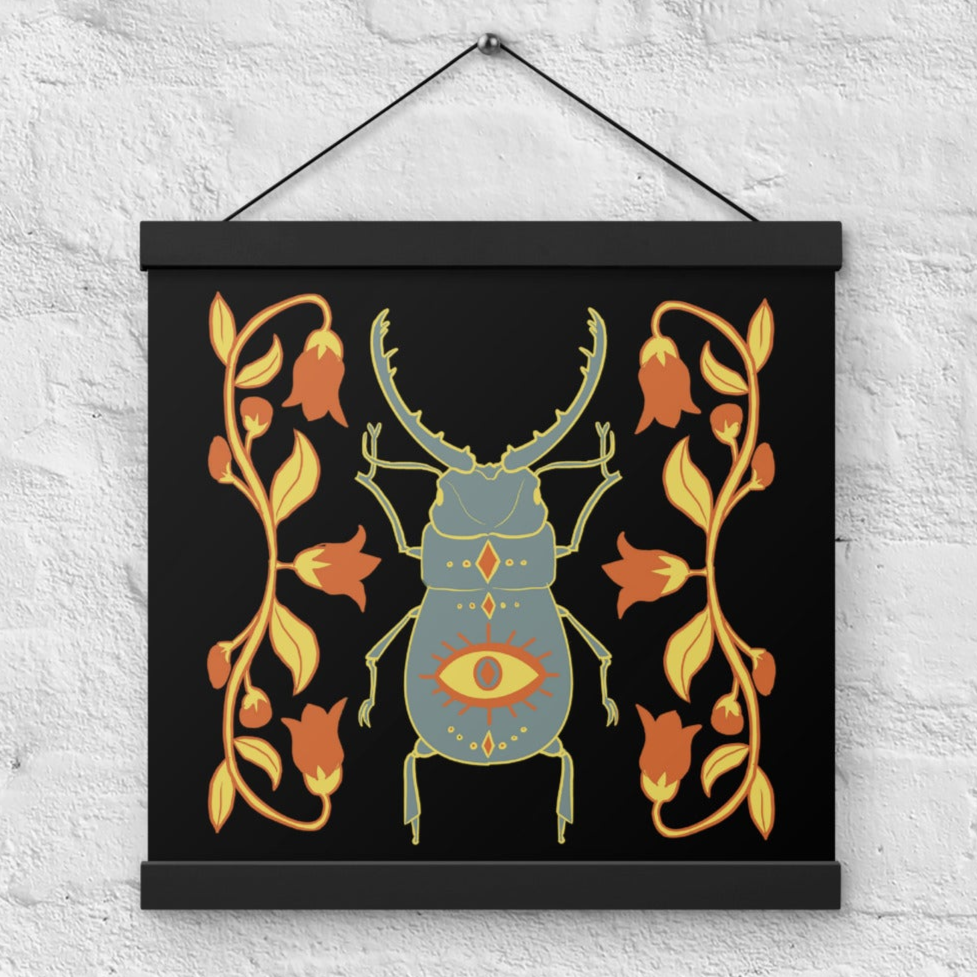 Retro Style Beetle Black Poster with Black Wood Hanger 12" x 12"