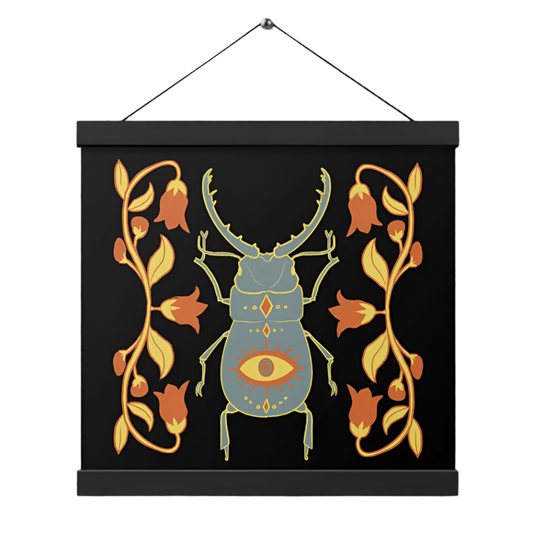 Retro Style Beetle Black Poster with Black Wood Hanger 12" x 12"