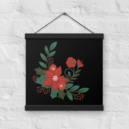 Poinsettia Holly Berry Black Poster with Black Wood Hanger 12" x 12"