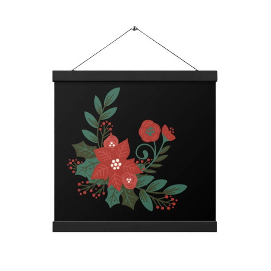 Poinsettia Holly Berry Black Poster with Black Wood Hanger 12" x 12"