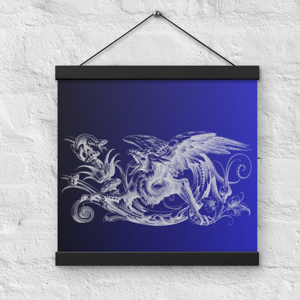 Gryphon Design Black Blue Gradient Poster with Black Wood Hanger 12" x 12"