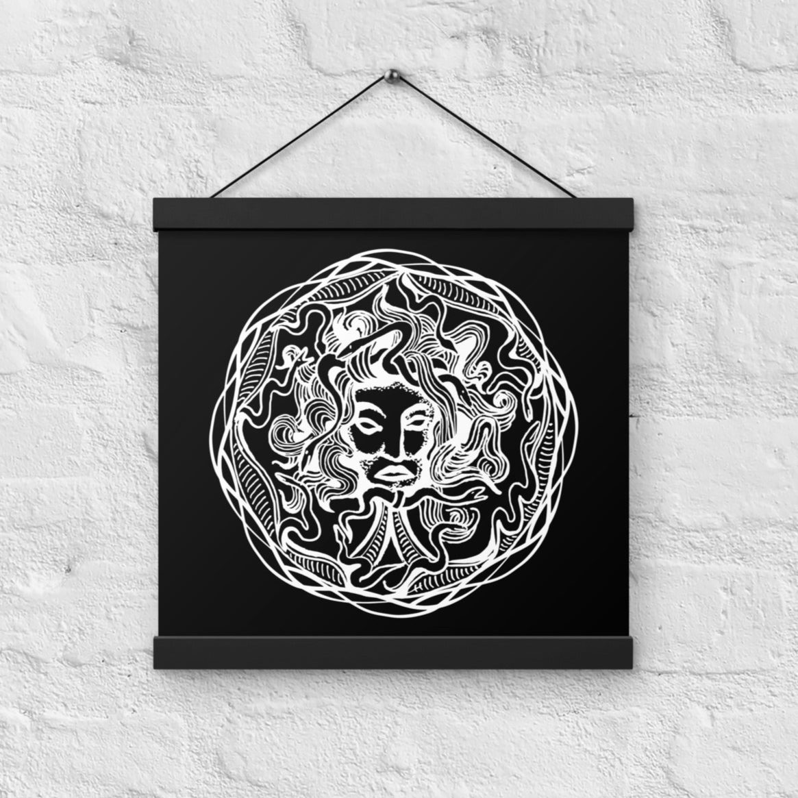 Medusa Circle Emblem Design Black Poster with Black Wood Hanger 12" x 12"