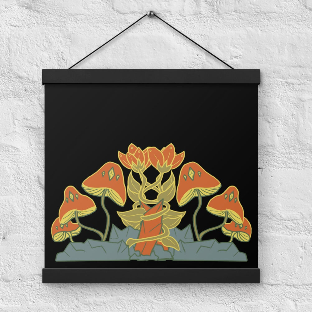 Retro Style Mushrooms Black Poster with Black Wood Hanger 12" x 12"