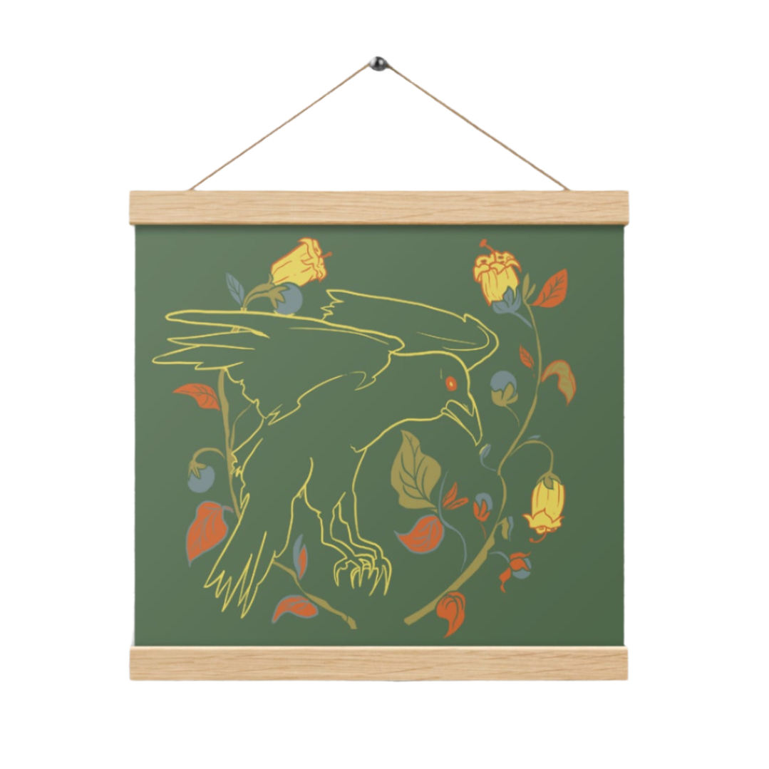 Retro Style Green Bird Raven Poster with Wood Hanger 12" x 12"