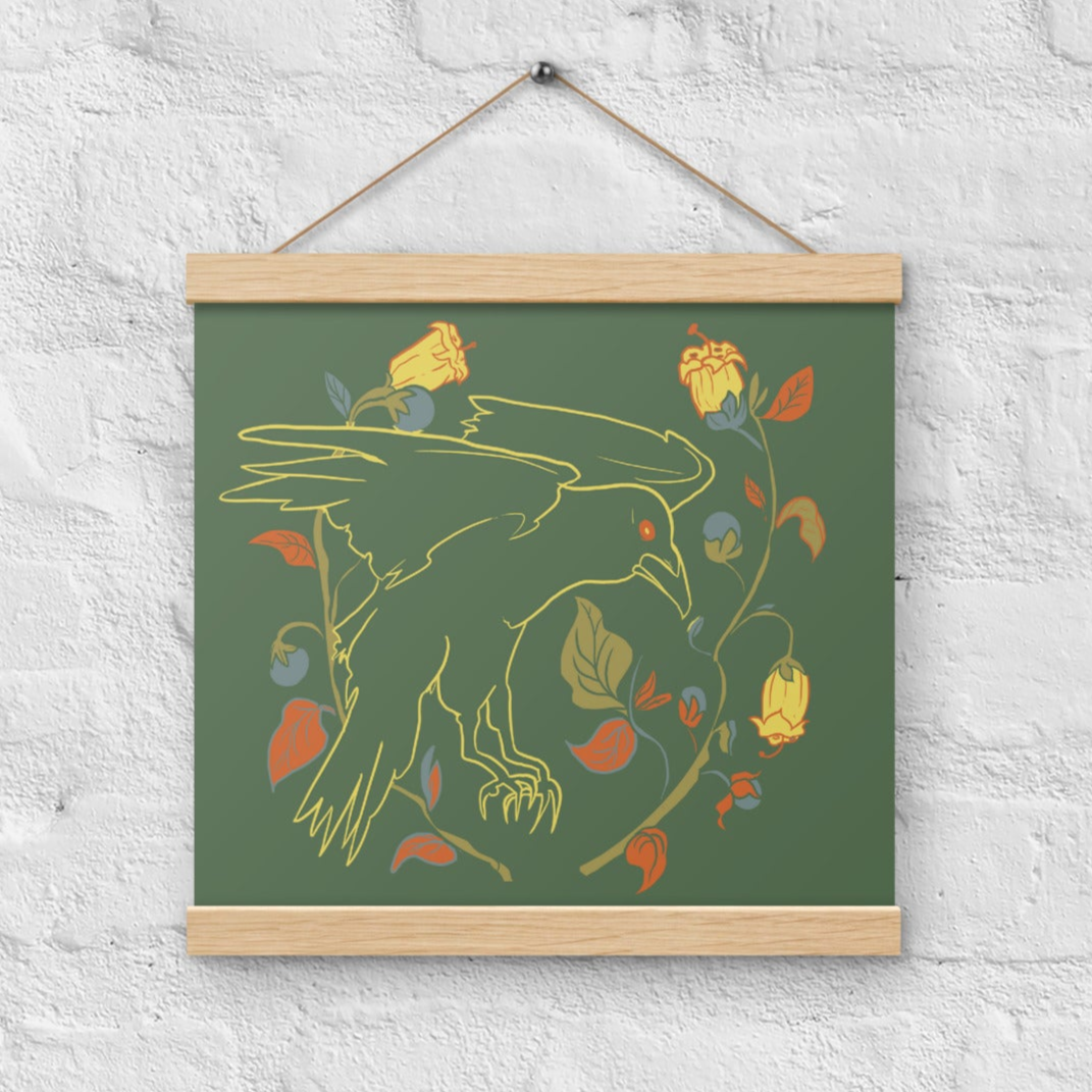 Retro Style Green Bird Raven Poster with Wood Hanger 12" x 12"