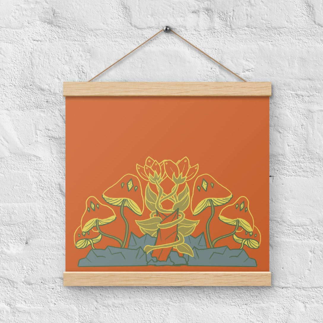 Retro Style Mushrooms Poster with Wood Hanger 12" x 12"