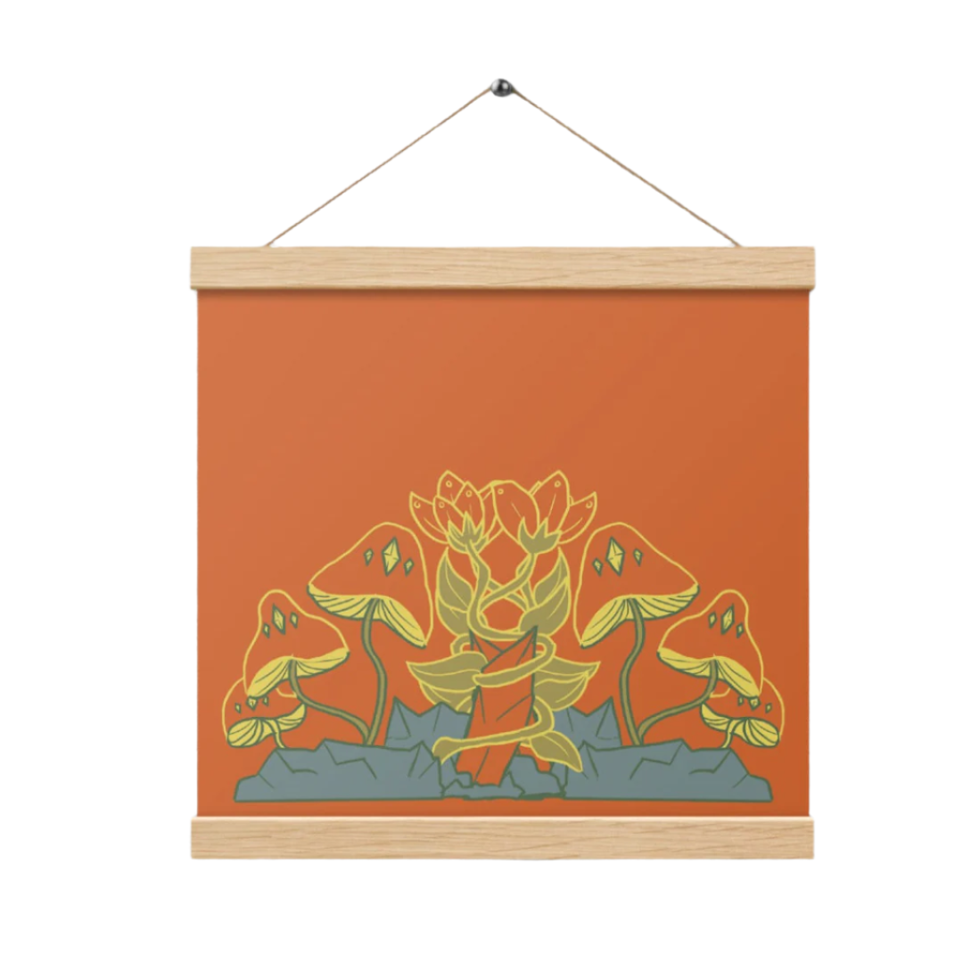 Retro Style Mushrooms Poster with Wood Hanger 12" x 12"